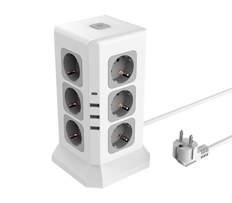 E11 bekabelde multifunctionele stekkerdoos met 12 stopcontacten in Europese stijl, 3 USB-A-poorten en 1 USB-C-poort, met schakelaar