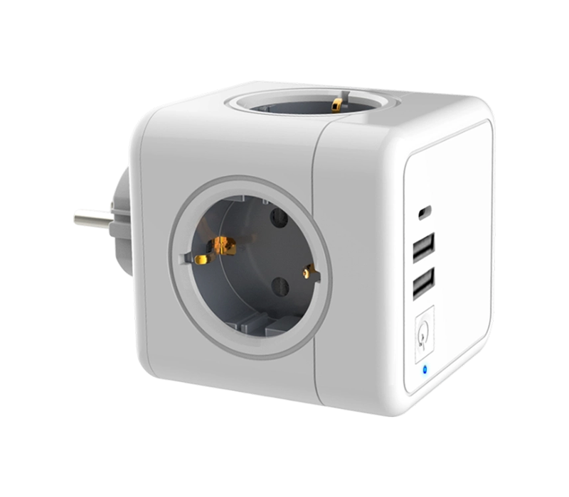 E02C Plug-in Cube-stekkerdoos met 4 Euro-stijl stopcontacten, 2 USB-A-poorten en 1 USB-C-poort