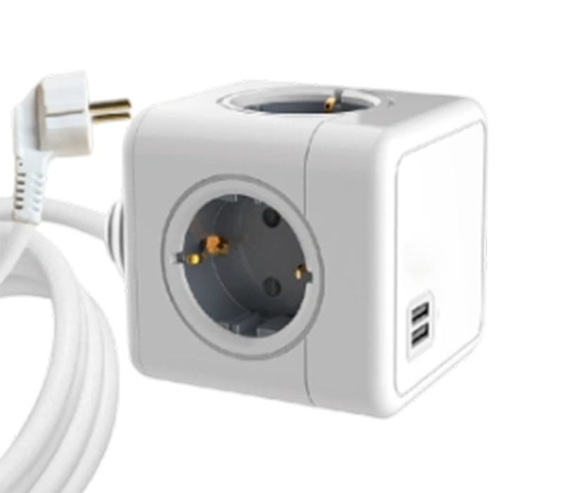E04A Bekabelde kubusstekkerdoos met 4 stopcontacten in Europese stijl en 2 USB-A-poorten
