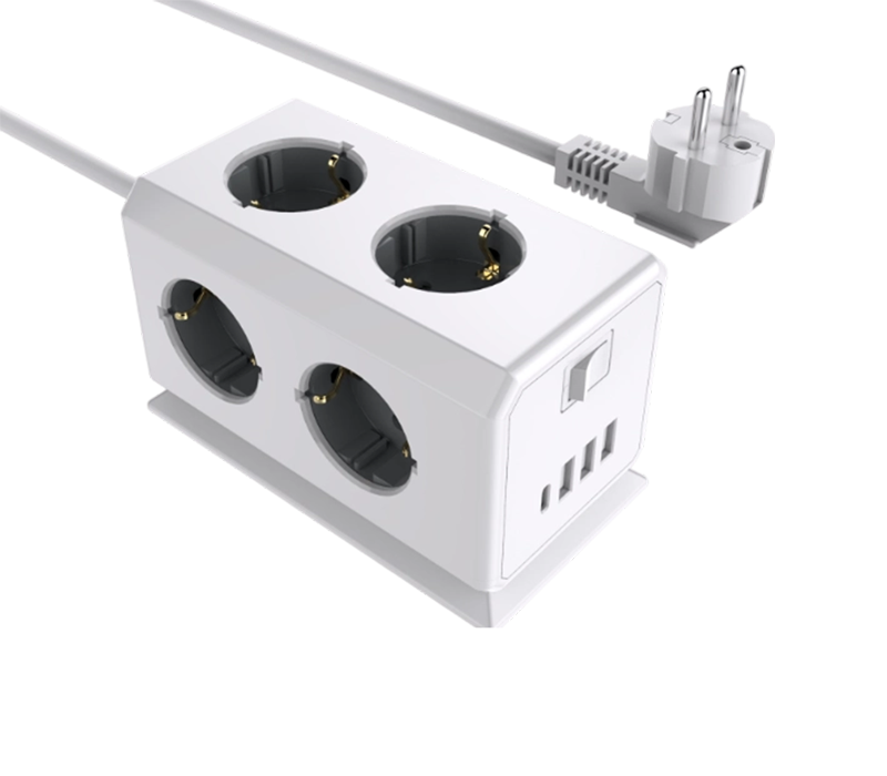 E08 Bekabelde multifunctionele stekkerdoos met 6 stopcontacten in Europese stijl, 3 USB-A-poorten en 1 USB-C-poort, met schakelaar