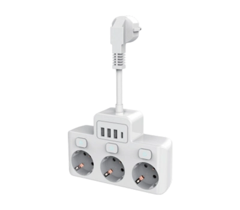 E14 bedrade stekkerdoos met 3 stopcontacten in Europese stijl, 3 USB-A-poorten en 1 USB-C-poort, met onafhankelijke schakelaar