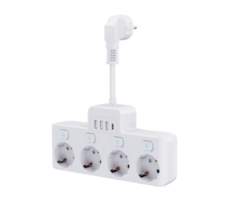 E14-4 bedrade stekkerdoos met 4 stopcontacten in Europese stijl, 3 USB-A-poorten en 1 USB-C-poort, met onafhankelijke schakelaar