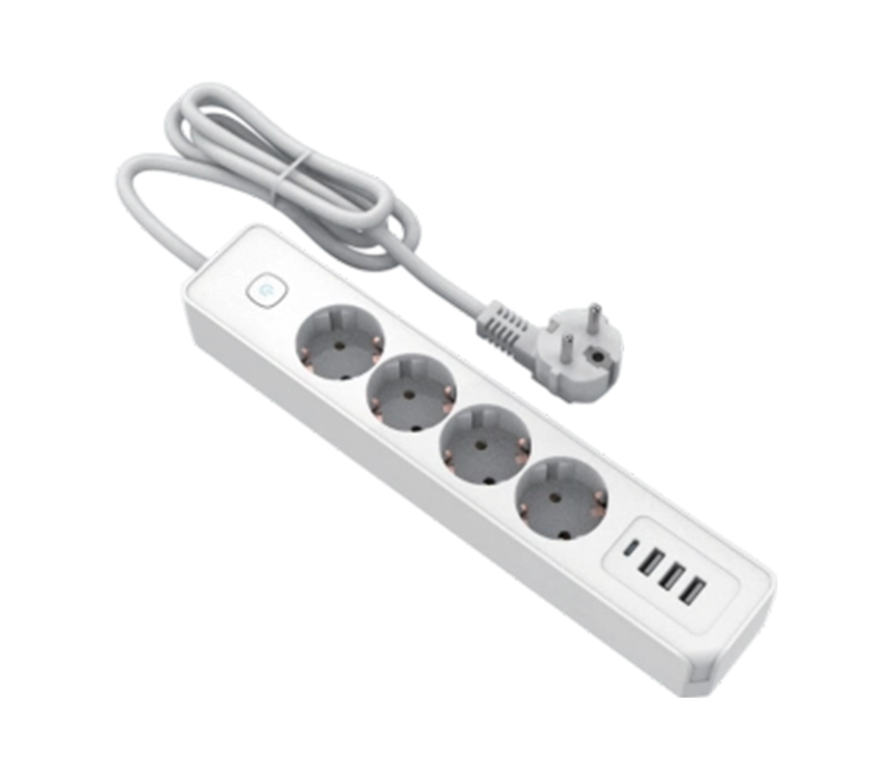 E21-4 stekkerdoos in Europese stijl met 4 stopcontacten, 3 USB-A-poorten en 1 USB-C-poort, inclusief schakelaar