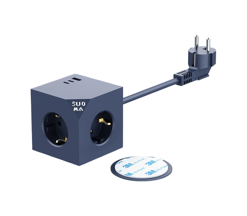 E25 bekabelde kubusstekkerdoos met 3 stopcontacten in Europese stijl, 1 USB-A-poorten en 2 USB-C-poorten, met zelfklevende stickers van 3 m