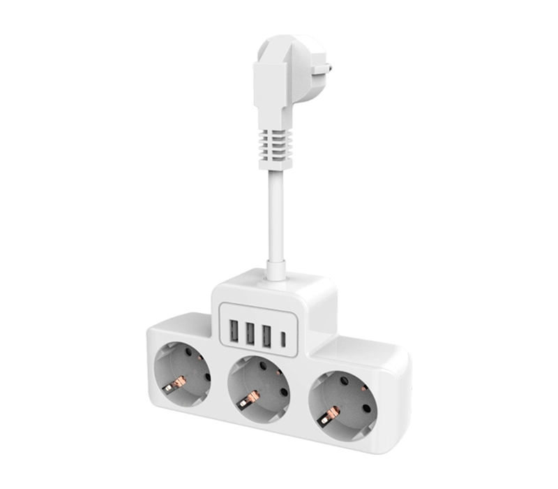 E13 bedrade stekkerdoos met 3 stopcontacten in Europese stijl, 3 USB-A-poorten en 1 USB-C-poort