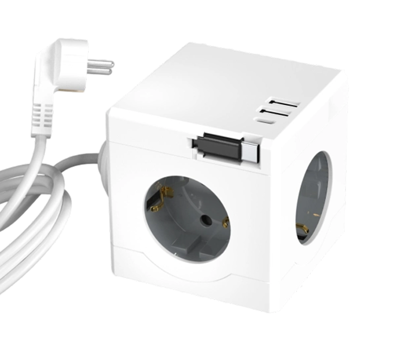E16-D bekabelde kubusstekkerdoos met 3 stopcontacten in Europese stijl, 2 USB-A-poorten en 1 USB-C-poort, met een intrekbare oplaadkabel