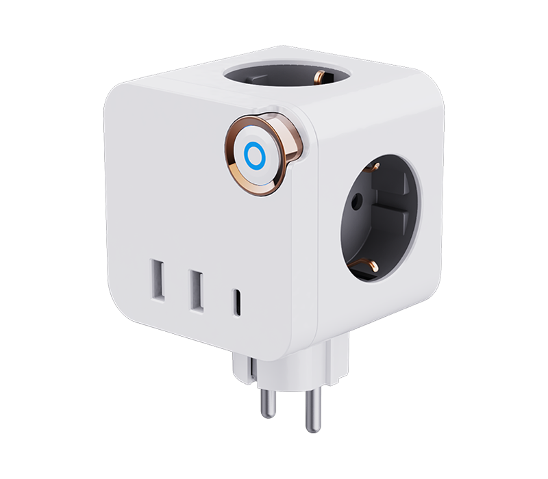 E19 plug-in kubusstekkerdoos met 3 stopcontacten in Europese stijl, 2 USB-A-poorten en 1 USB-C-poort, met schakelaar