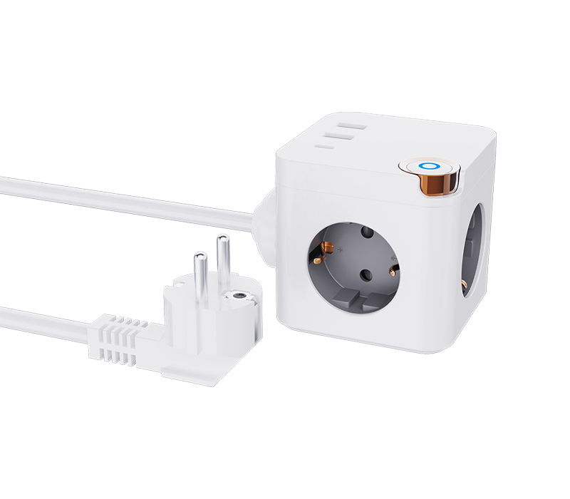 E20 bekabelde kubusstekkerdoos met 3 stopcontacten in Europese stijl, 2 USB-A-poorten en 1 USB-C-poort, met schakelaar